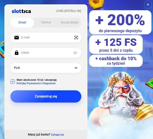 Menu rejestracji Slottica Casino