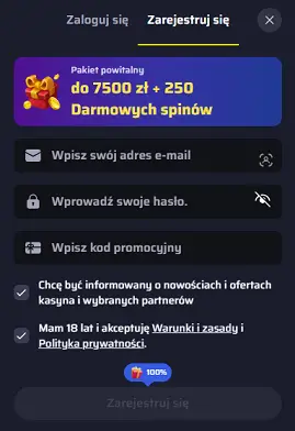 Menu rejestracji Bdmbet Casino