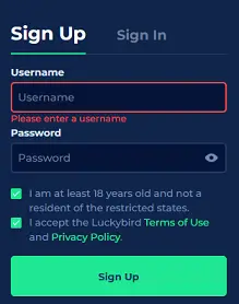 Menu rejestracji Lucky Bird Casino