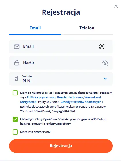 Menu rejestracji Vulkan Vegas